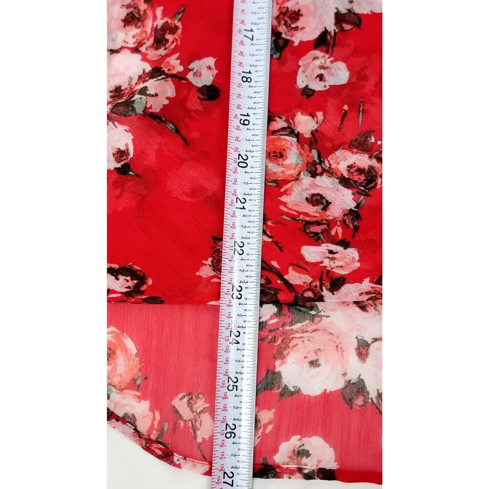 Kut from the Kloth Red Floral Faux Wrap Blouse Sheer Small